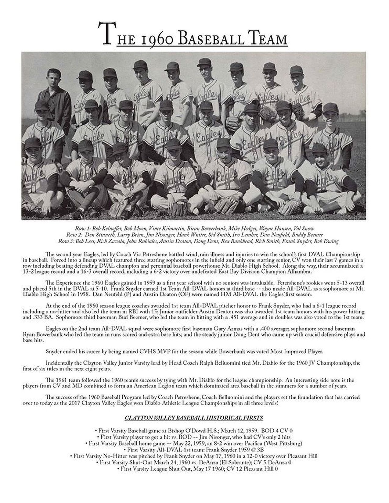 1960 Boys Baseball Team