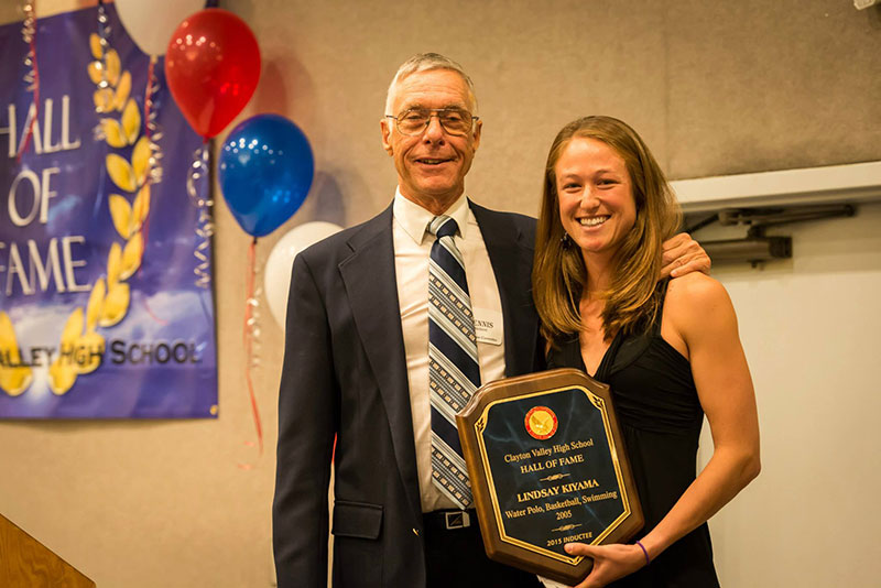 2005 graduate Lindsay Kiyama with aquatics head coach Dennis Bledsoe